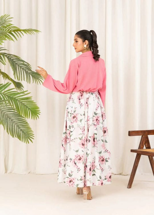 2 Pcs Stylish Floral Print Maxi Dress with Pink Jacket – Women’s Western Wear Cotton Maxi Outfit