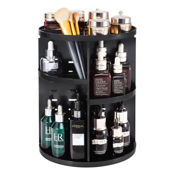 360° Rotating Cosmetic Organizer – Large Capacity Black Makeup Storage Box With Adjustable Dividers For Skincare, Perfumes & Beauty Accessories
