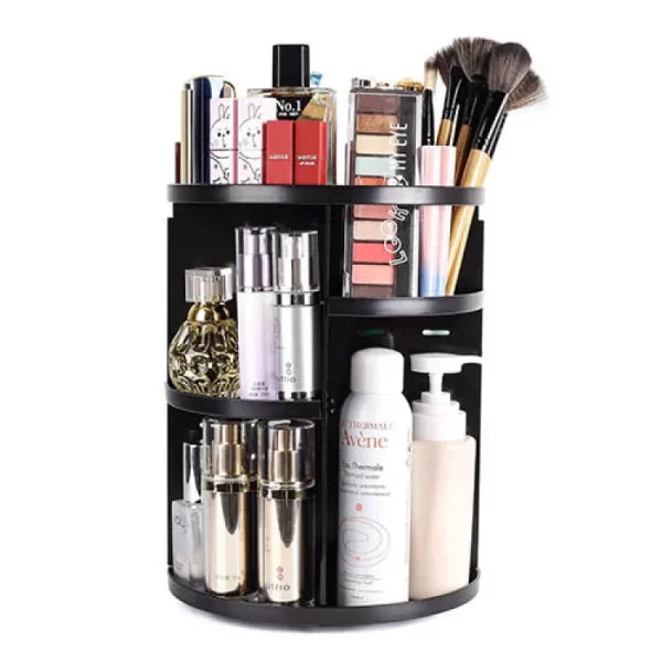 360° Rotating Cosmetic Organizer – Large Capacity Black Makeup Storage Box With Adjustable Dividers For Skincare, Perfumes & Beauty Accessories
