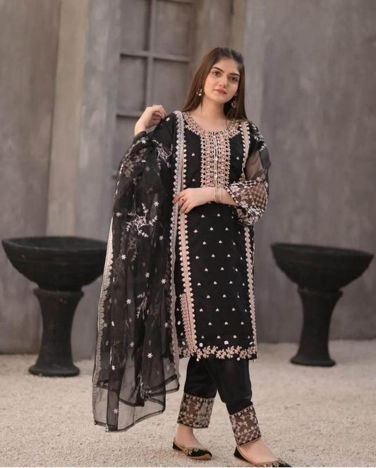 3 Pcs Women’s Stitched Organza Embroidered Suit with Plain Trouser & Dupatta – Black