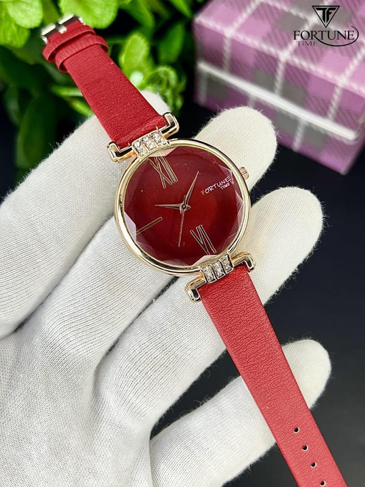 Stylish Women's Red Leather Quartz Watch - 1 Pc Water Resistant Timepiece