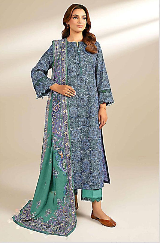 3 Pcs Women’s Unstitched Lawn Printed Suit with Chiffon Dupatta – Blue