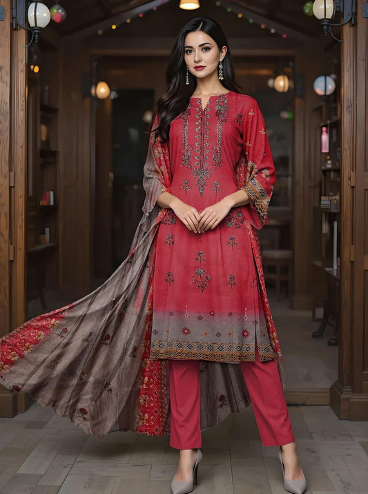 3 Pcs Women’s Unstitched Lawn Printed Suit with Embroidered Neckline & Silk Dupatta – Red