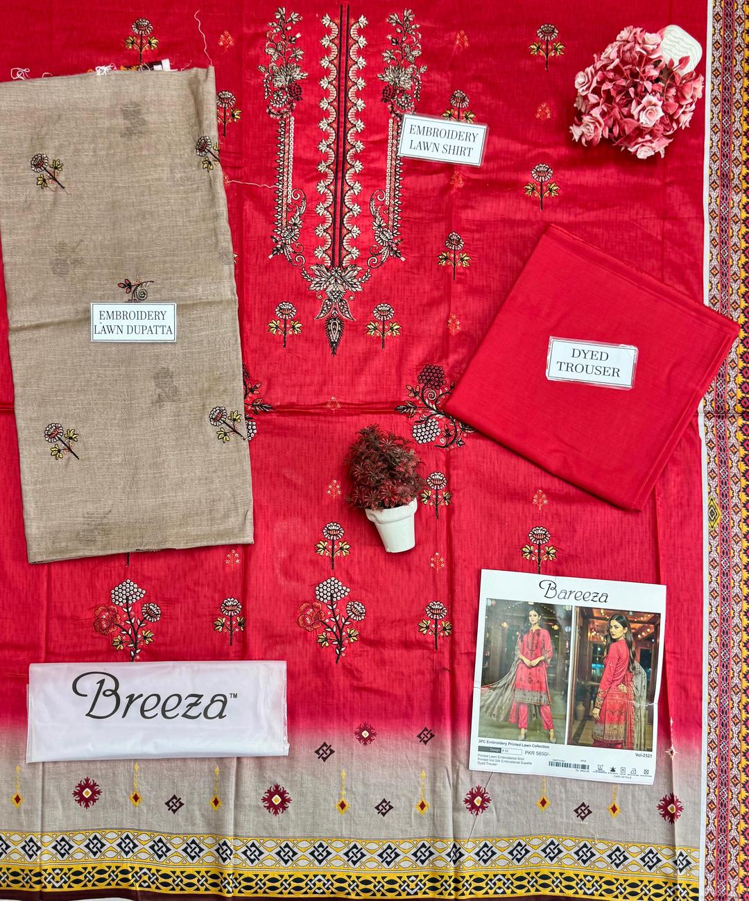 3 Pcs Women’s Unstitched Lawn Printed Suit with Embroidered Neckline & Silk Dupatta – Red