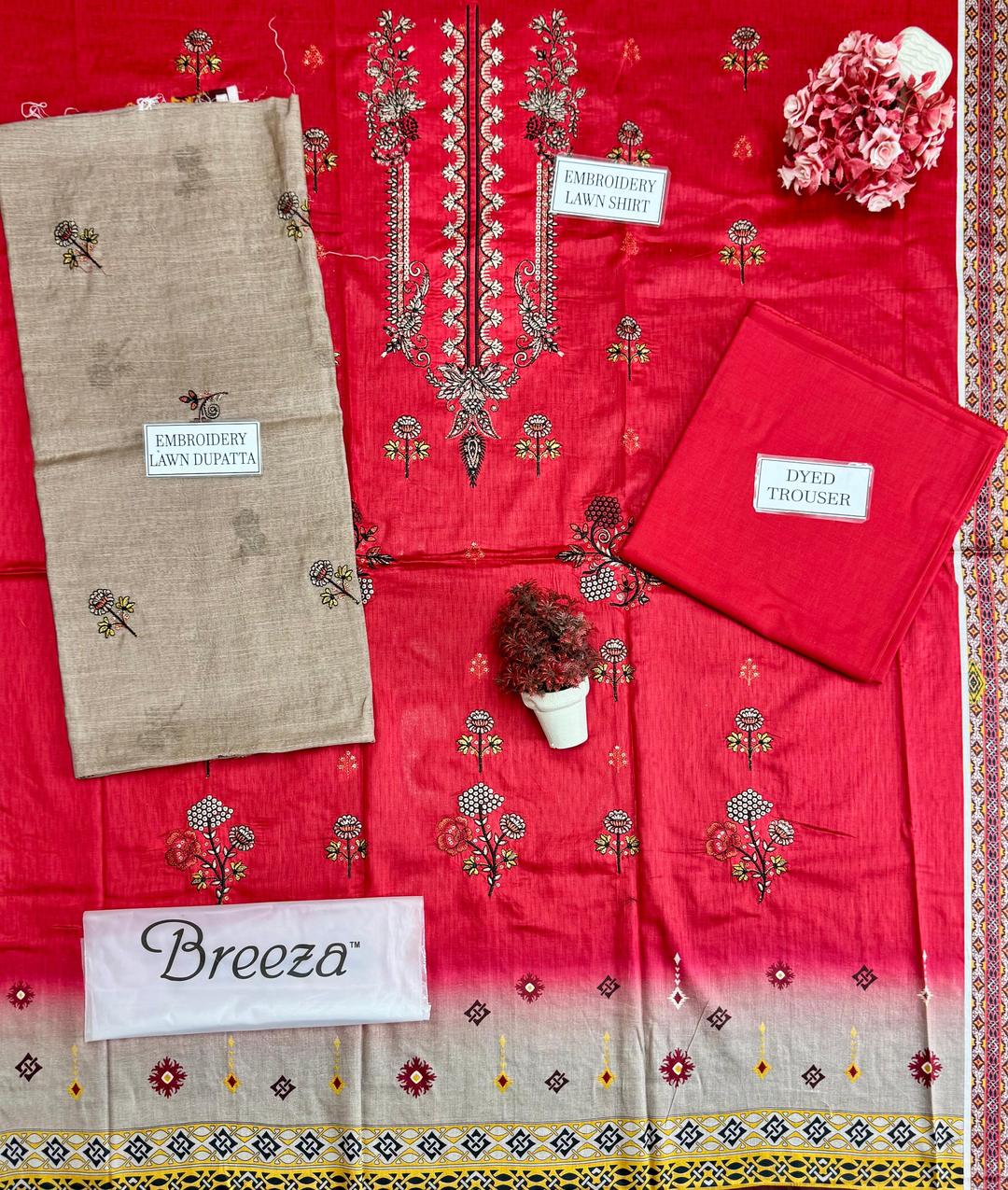 3 Pcs Women’s Unstitched Lawn Printed Suit with Embroidered Neckline & Silk Dupatta – Red