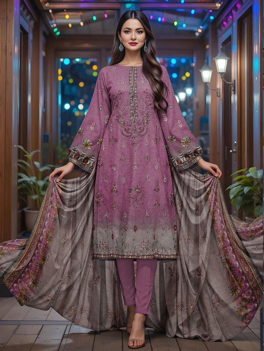 3 Pcs Women’s Unstitched Lawn Printed Suit with Embroidered Neckline & Silk Dupatta – Purple