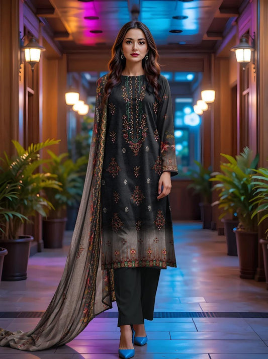 3 Pcs Women’s Unstitched Lawn Printed Suit with Embroidered Neckline & Silk Dupatta – Black