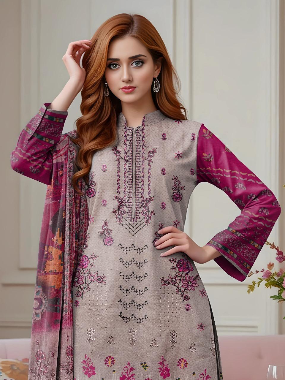 3 Pcs Women’s Unstitched Dobby Lawn Embroidered Suit with Printed Shirt & Embroidered Dupatta – Purple