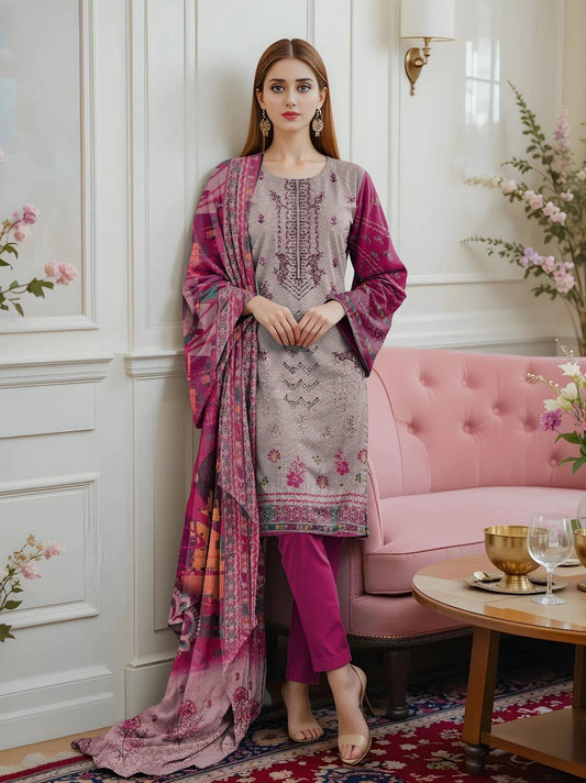 3 Pcs Women’s Unstitched Dobby Lawn Embroidered Suit with Printed Shirt & Embroidered Dupatta – Purple