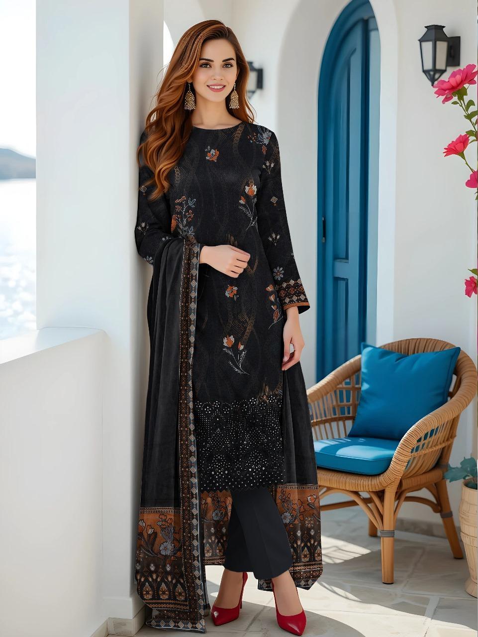 3 Pcs Women’s Unstitched Lawn Printed Embroidered Suit with Cut Work Daman – Black