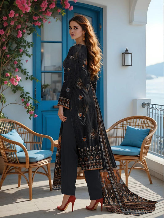3 Pcs Women’s Unstitched Lawn Printed Embroidered Suit with Cut Work Daman – Black