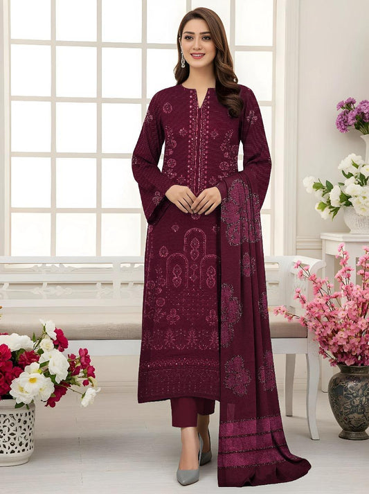 3 Pcs Women’s Unstitched Dhanak Embroidered Shirt with Plain Trouser & Jacquard Dupatta – Purple