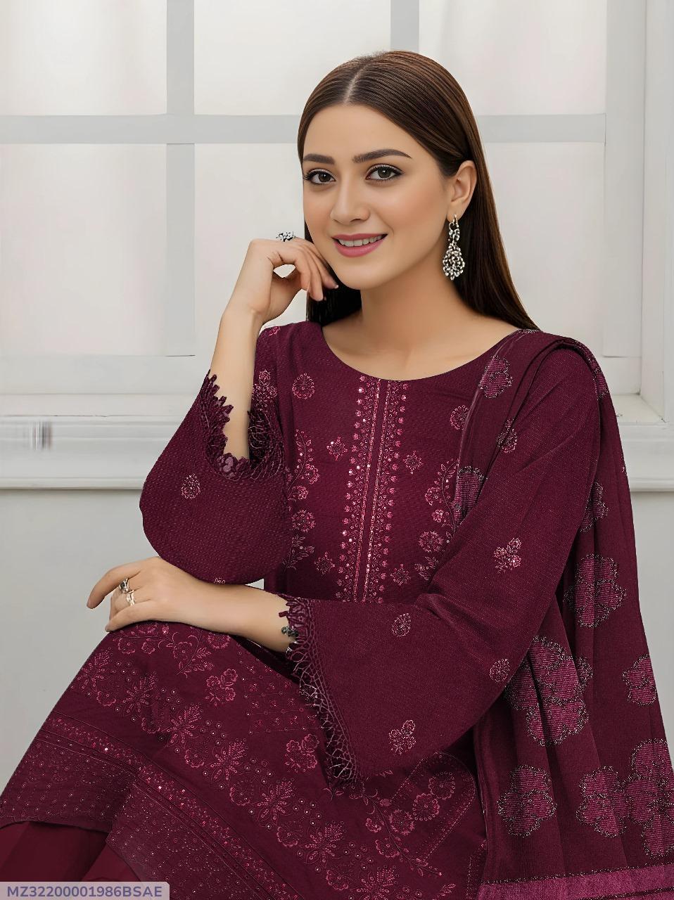 3 Pcs Women’s Unstitched Dhanak Embroidered Shirt with Plain Trouser & Jacquard Dupatta – Purple