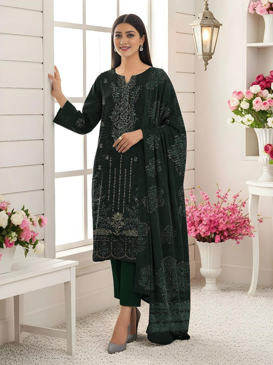 3 Pcs Women’s Unstitched Dhanak Embroidered Shirt with Plain Trouser & Jacquard Dupatta