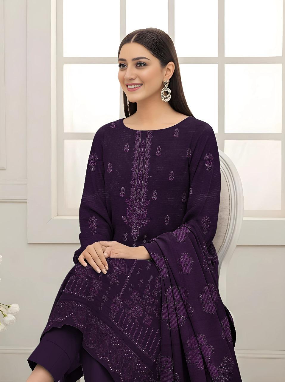 3 Pcs Women's Unstitched Dhanak Suit with Embroidered Shirt & Jacquard Dupatta – Purple