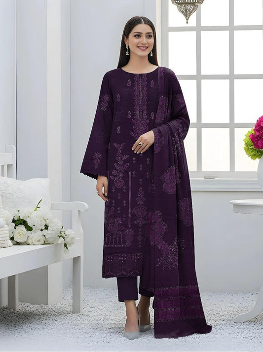 3 Pcs Women's Unstitched Dhanak Suit with Embroidered Shirt & Jacquard Dupatta – Purple