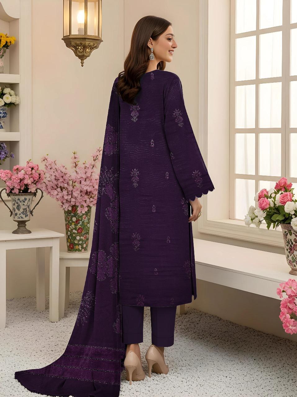 3 Pcs Women's Unstitched Dhanak Suit with Embroidered Shirt & Jacquard Dupatta – Purple