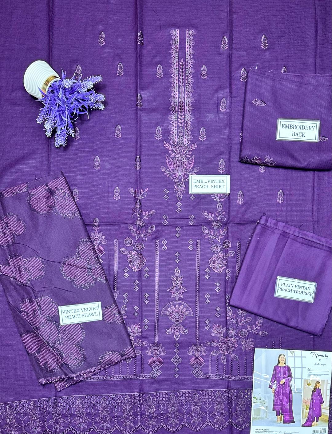 3 Pcs Women's Unstitched Dhanak Suit with Embroidered Shirt & Jacquard Dupatta – Purple