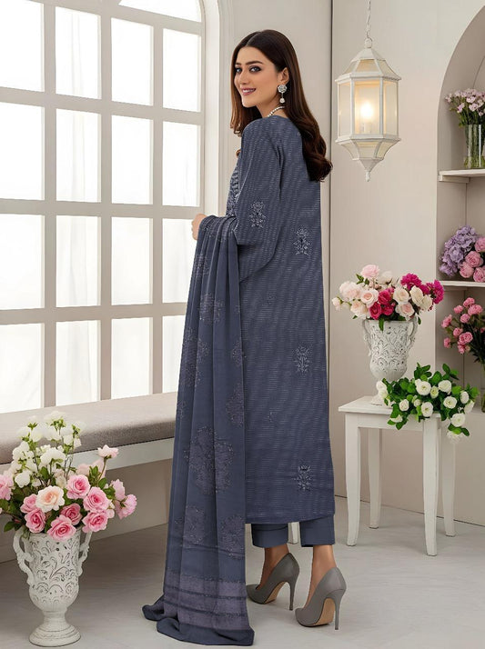 3 Pcs Women’s Unstitched Dhanak Embroidered Shirt with Plain Trouser & Jacquard Dupatta – Grey