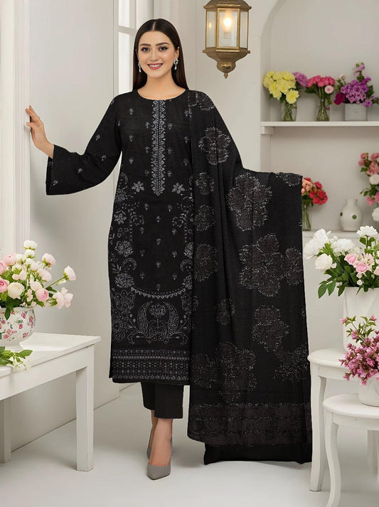 3 Pcs Women’s Unstitched Dhanak Embroidered Shirt with Plain Trouser & Jacquard Dupatta – Black