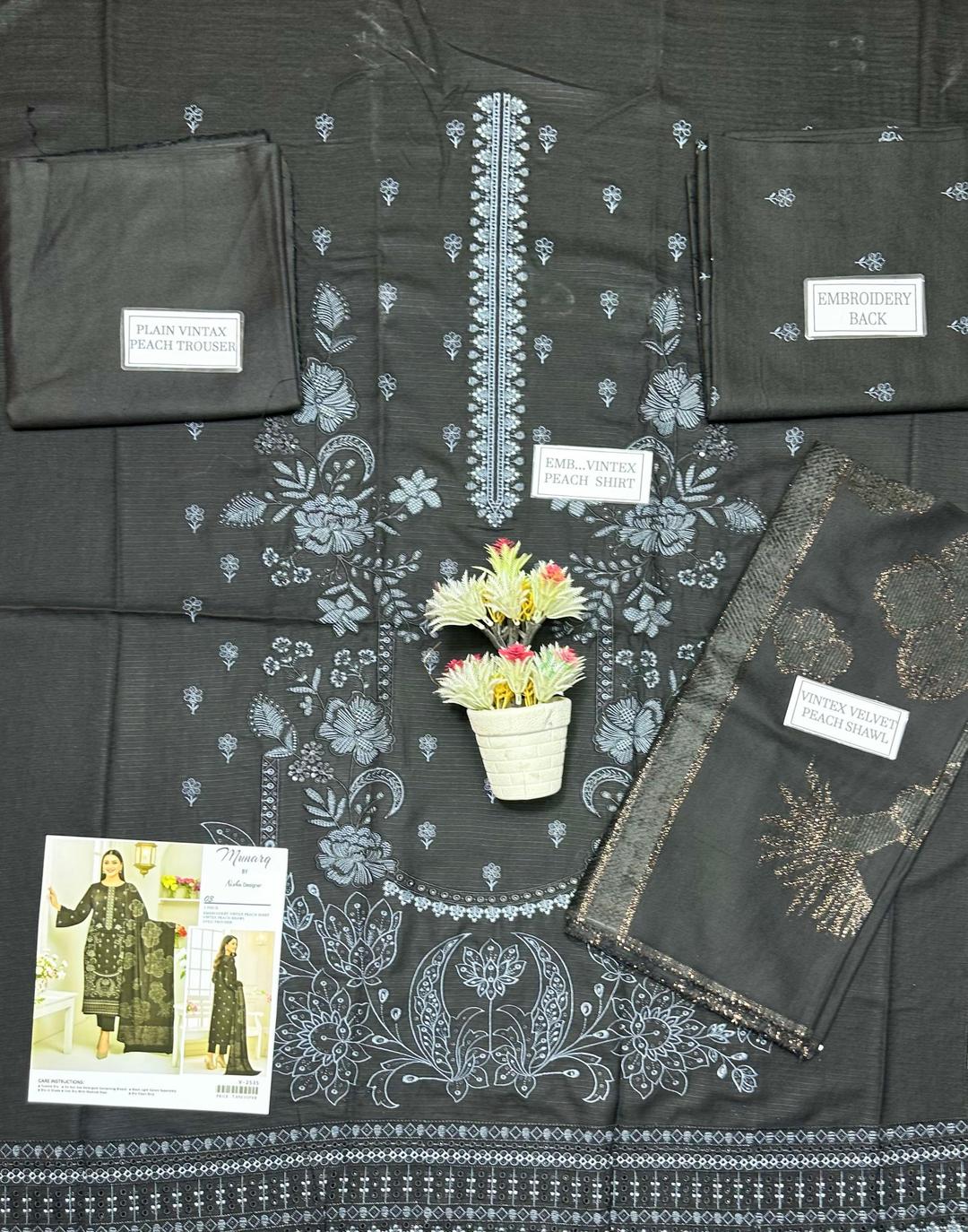 3 Pcs Women’s Unstitched Dhanak Embroidered Shirt with Plain Trouser & Jacquard Dupatta – Black