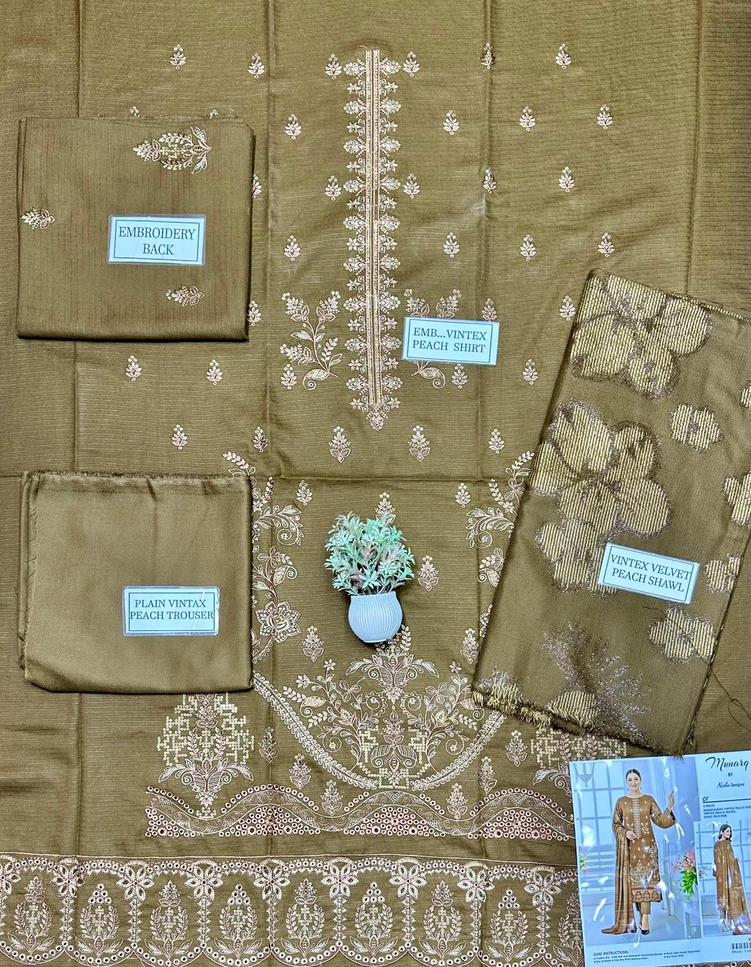 3 Pcs Women’s Unstitched Dhanak Embroidered Shirt with Plain Trouser & Jacquard Dupatta – Brown