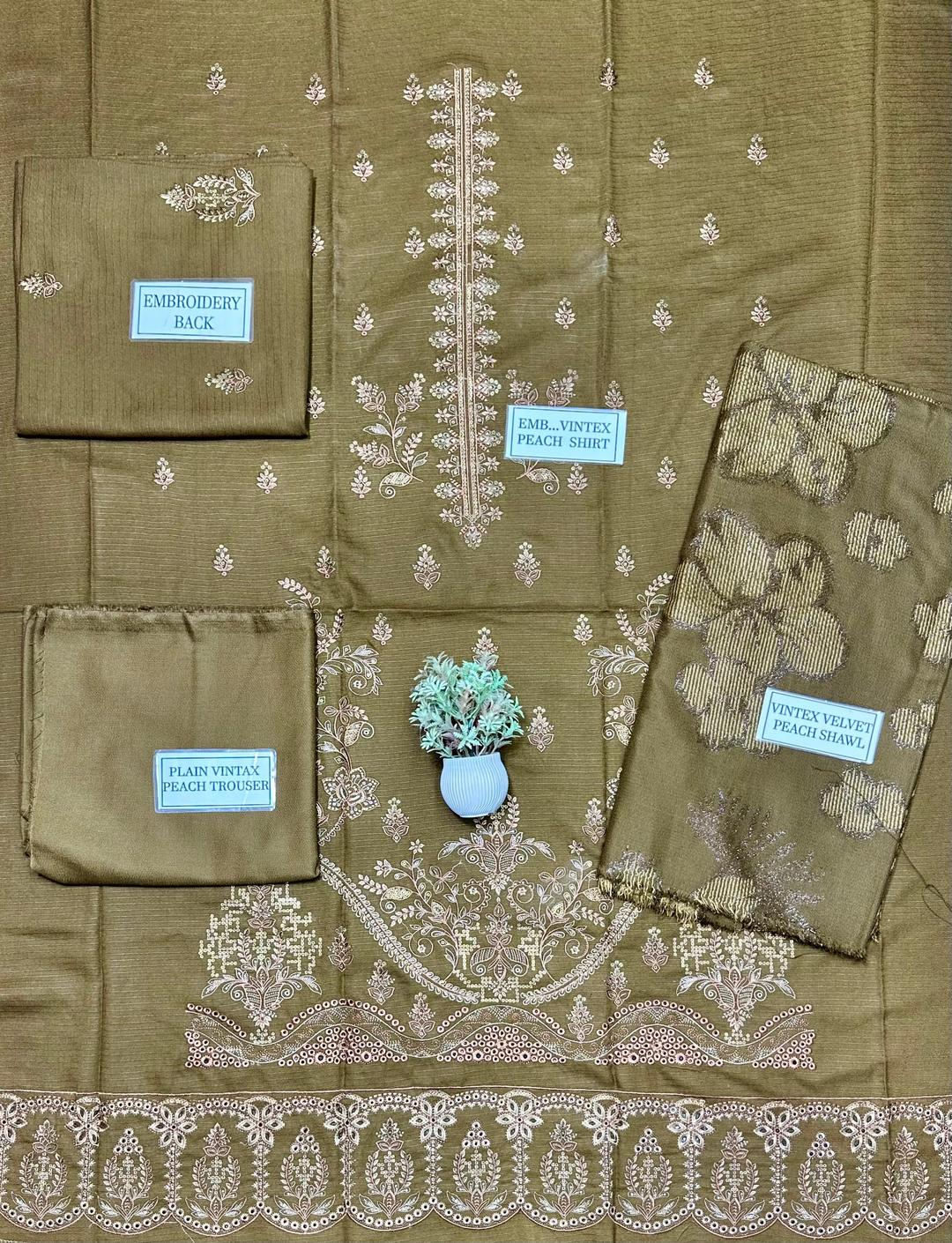 3 Pcs Women’s Unstitched Dhanak Embroidered Shirt with Plain Trouser & Jacquard Dupatta – Brown