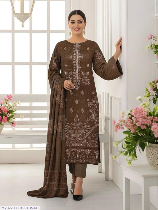 3 Pcs Women’s Unstitched Dhanak Embroidered Shirt with Plain Trouser & Jacquard Dupatta – Brown