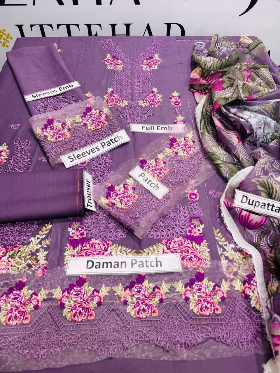 3 Pcs Women’s Unstitched Embroidered Lawn Suit – Purple with Diamond Dupatta | Chikankari Design