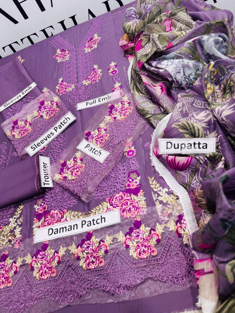 3 Pcs Women’s Unstitched Embroidered Lawn Suit – Purple with Diamond Dupatta | Chikankari Design