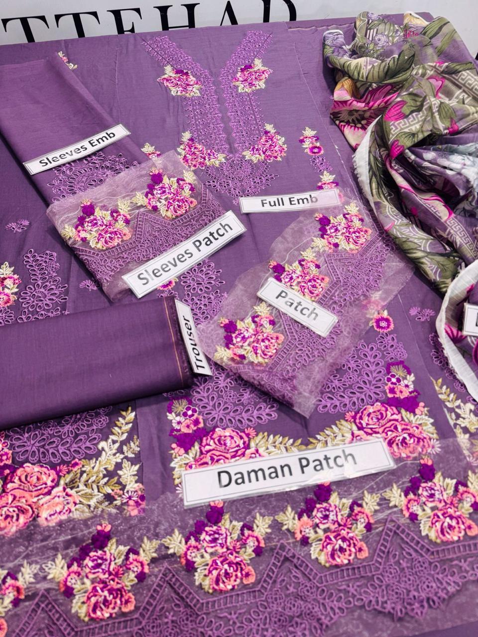 3 Pcs Women’s Unstitched Embroidered Lawn Suit – Purple with Diamond Dupatta | Chikankari Design