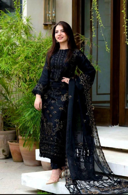 3 Pcs Women’s Unstitched Lawn Embroidered Suit with Bamber Dupatta – Black
