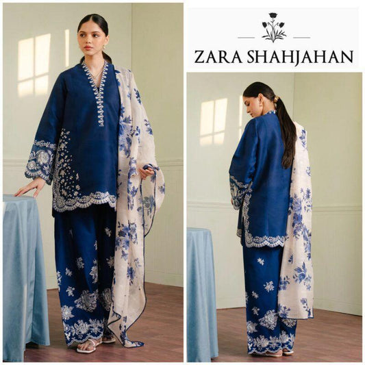 3 Pcs Women’s Unstitched Dhanak Embroidered Suit with Wool Shawl – Blue
