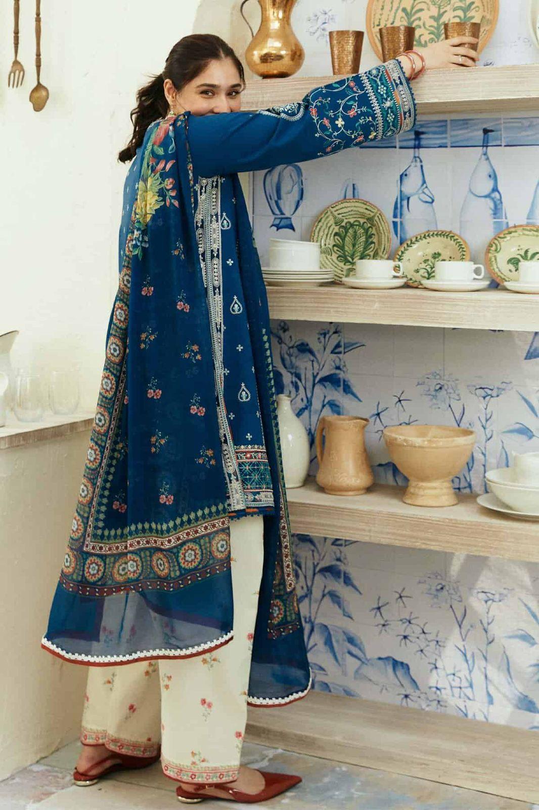 3 Pcs Women’s Unstitched Dhanak Embroidered Suit with Wool Shawl – Blue