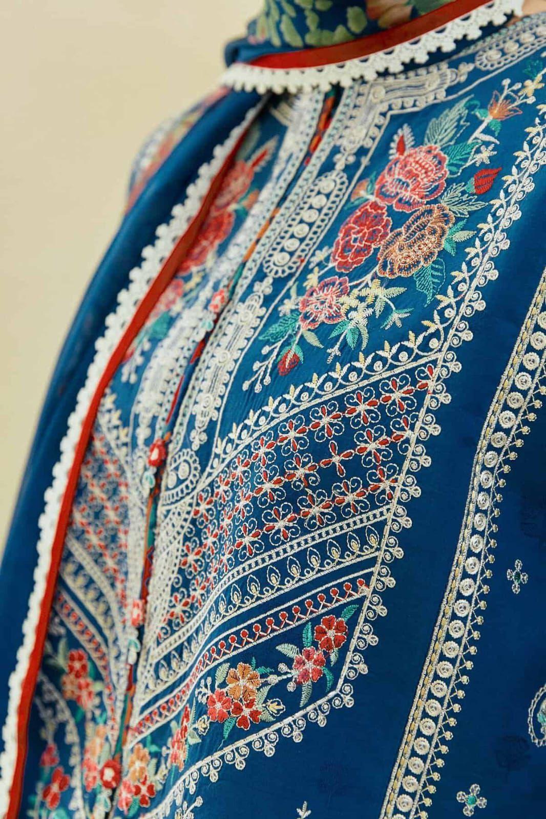 3 Pcs Women’s Unstitched Dhanak Embroidered Suit with Wool Shawl – Blue