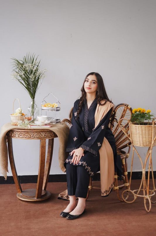 3 Pcs Women’s Unstitched Dhanak Embroidered Suit with Dupatta – Black