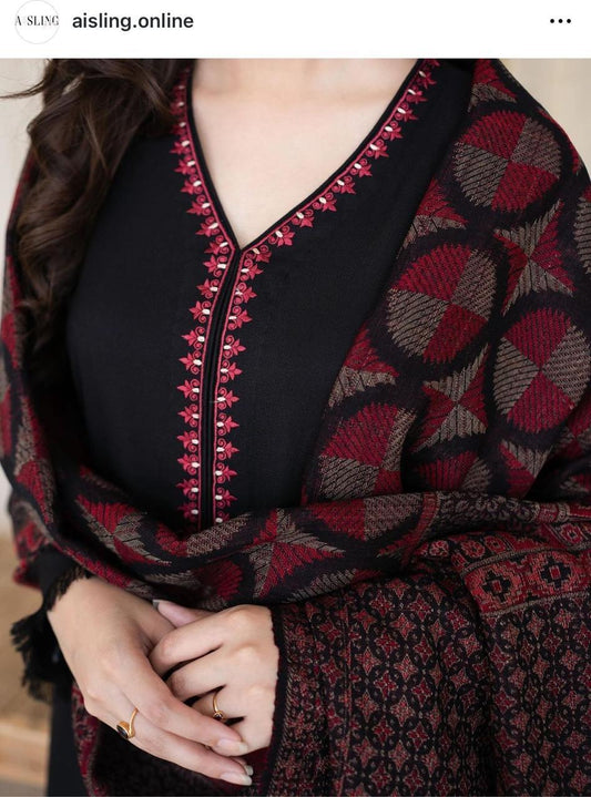 3 Pcs Women’s Unstitched Dhanak Embroidered Suit – Black with Printed Pashmina Dupatta