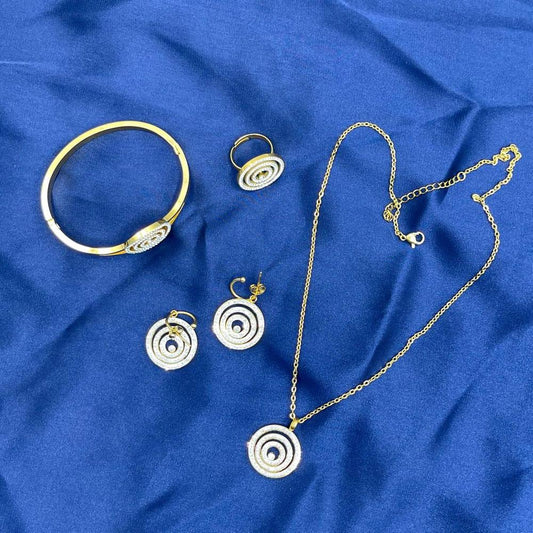 Golden Plated Bridal Necklace Set for Women | Luxury Jewelry with Earrings, Ring, Bracelet & Jewelry Box