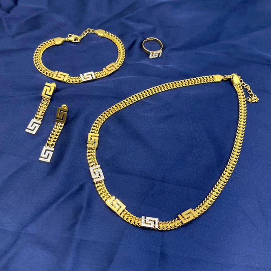 Golden Plated Necklace Set for Women | Bridal Jewelry with Earrings, Ring, Bracelet & Jewelry Box