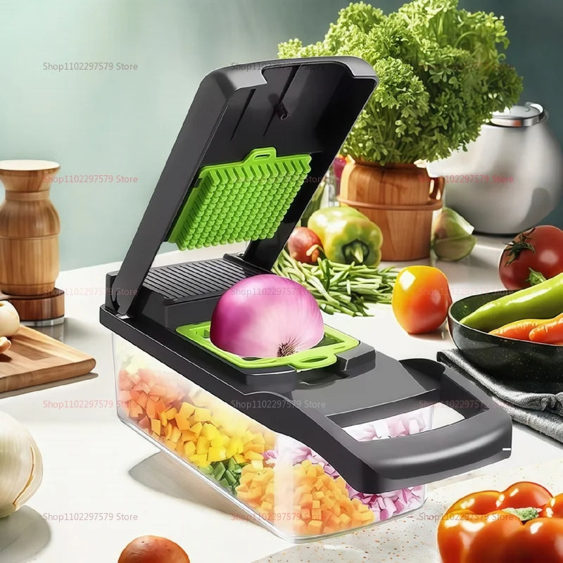 16-in-1 Multifunctional Vegetable Cutter & Slicer with Basket – Fruit, Potato, Carrot Grater & Kitchen Chopper Tool