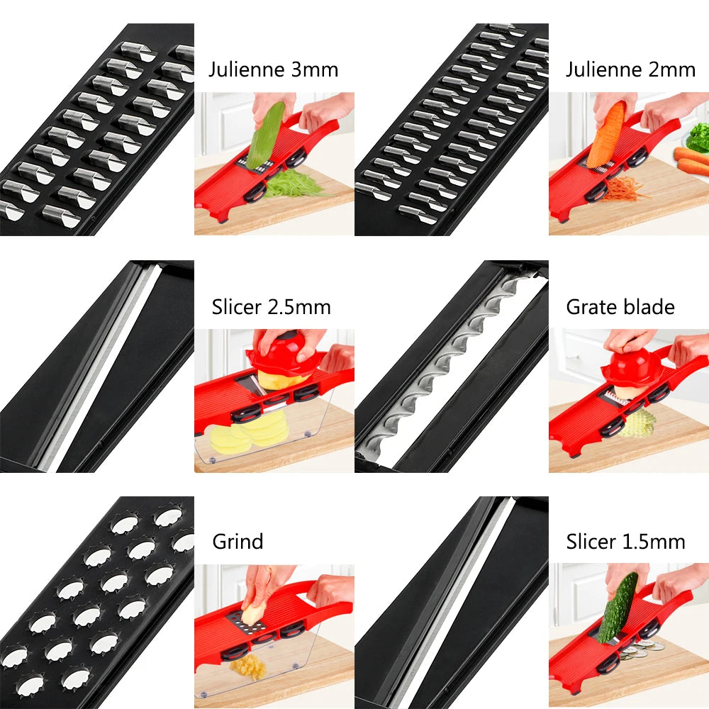 Premium 10-in-1 Mandolin Vegetable Slicer & Cutter – Stainless Steel Blades, Multi-Function Food Chopper, Potato Peeler, Cheese & Carrot Grater, Kitchen Tool – Red