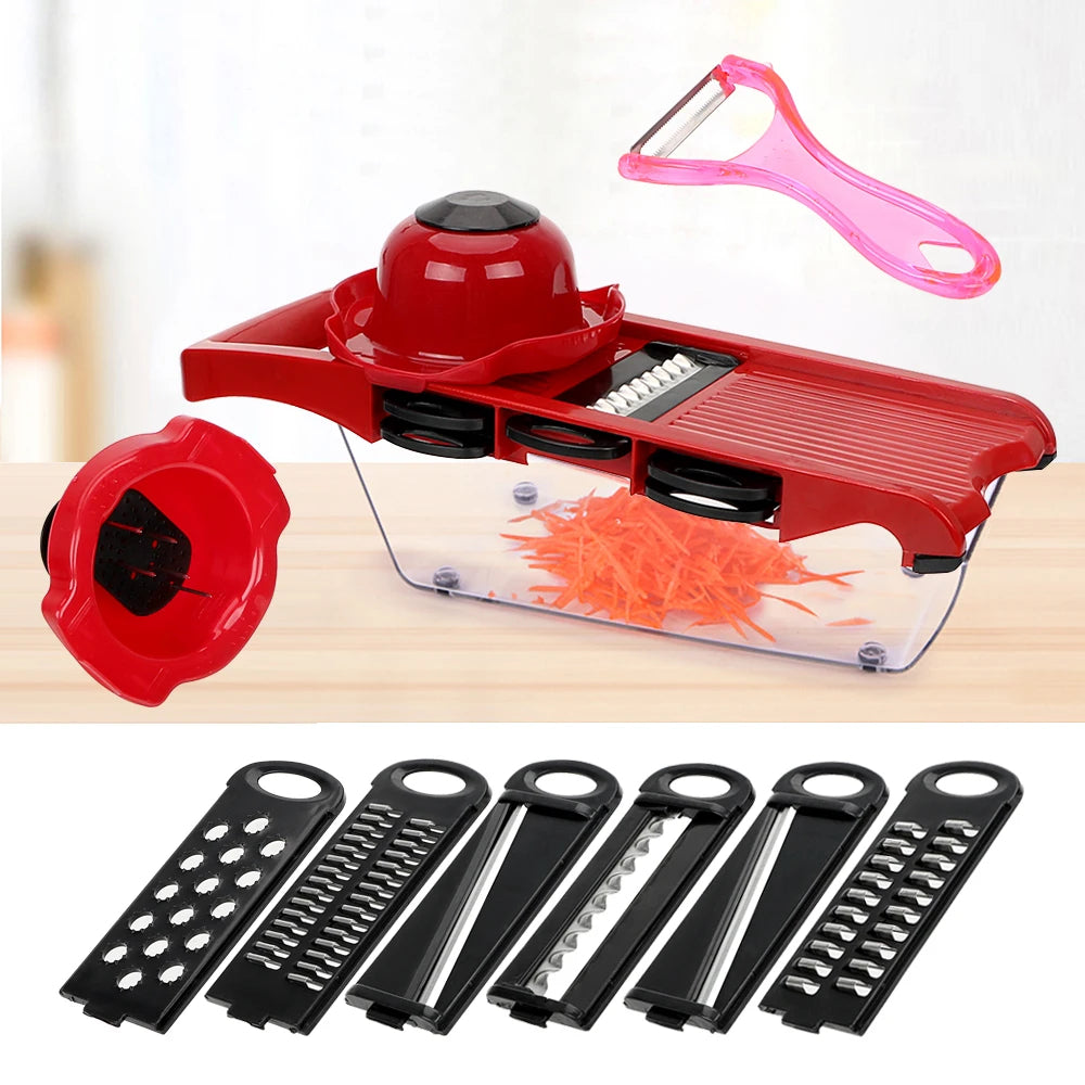 Premium 10-in-1 Mandolin Vegetable Slicer & Cutter – Stainless Steel Blades, Multi-Function Food Chopper, Potato Peeler, Cheese & Carrot Grater, Kitchen Tool – Red