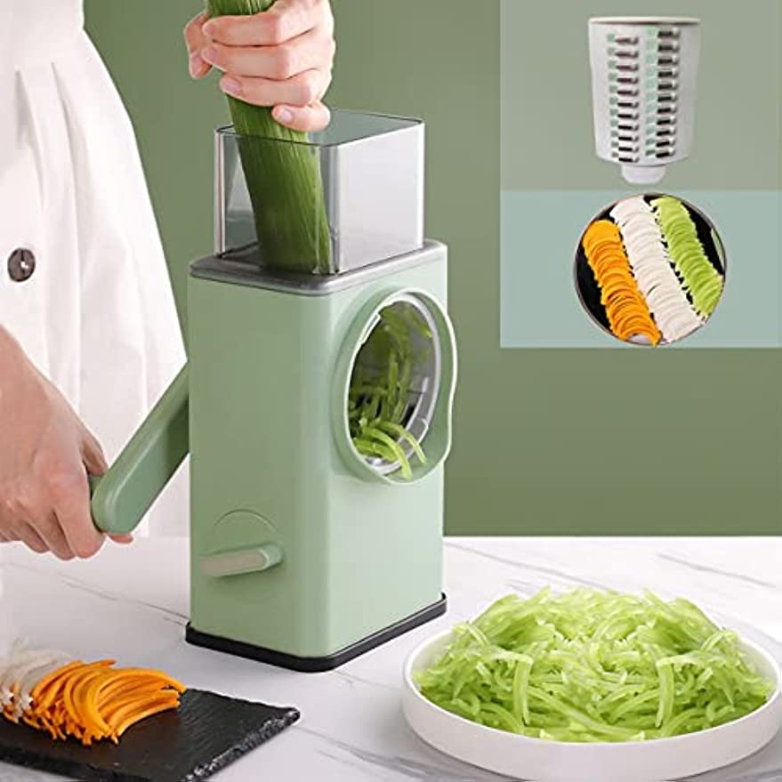 3-in-1 Multifunctional Rotary Vegetable Cutter – Manual Vegetable Slicer, Cheese Grater, Potato & Carrot Shredder with Strong Suction Base & Interchangeable Blades