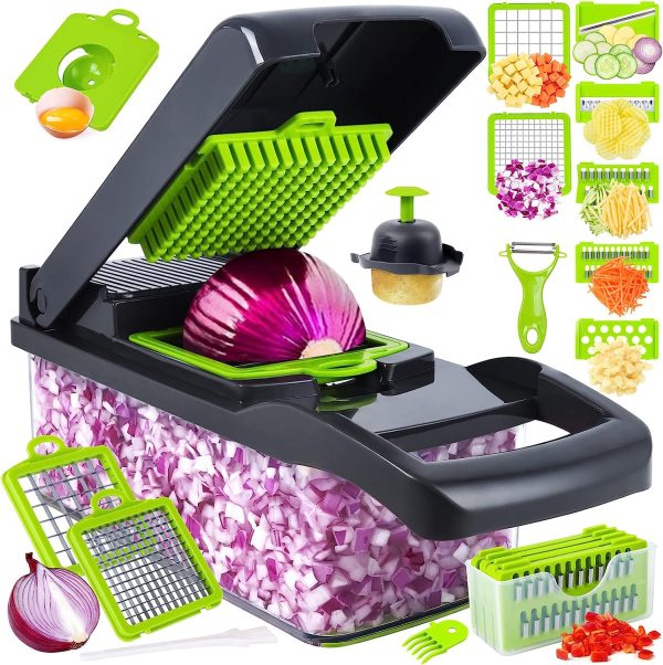 16-in-1 Multifunctional Vegetable Cutter & Slicer with Basket – Fruit, Potato, Carrot Grater & Kitchen Chopper Tool