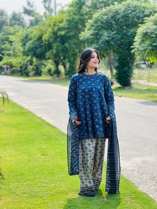 Uswa Zia 3 Piece Printed Swiss Lawn Suit – Blue | Women’s Stitched Lawn Outfit (Standard Size)