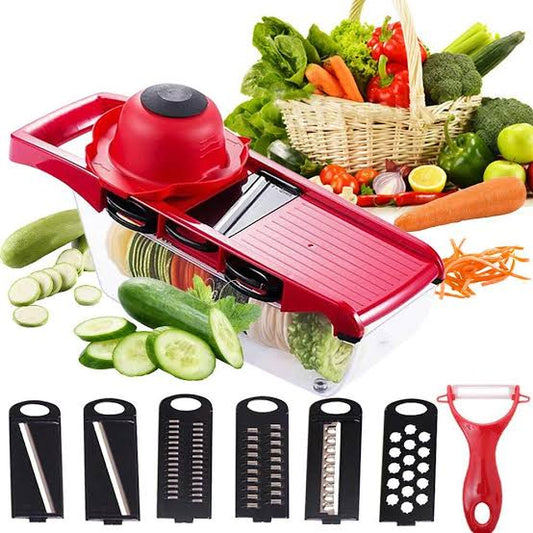 Premium 10-in-1 Mandolin Vegetable Slicer & Cutter – Stainless Steel Blades, Multi-Function Food Chopper, Potato Peeler, Cheese & Carrot Grater, Kitchen Tool – Red