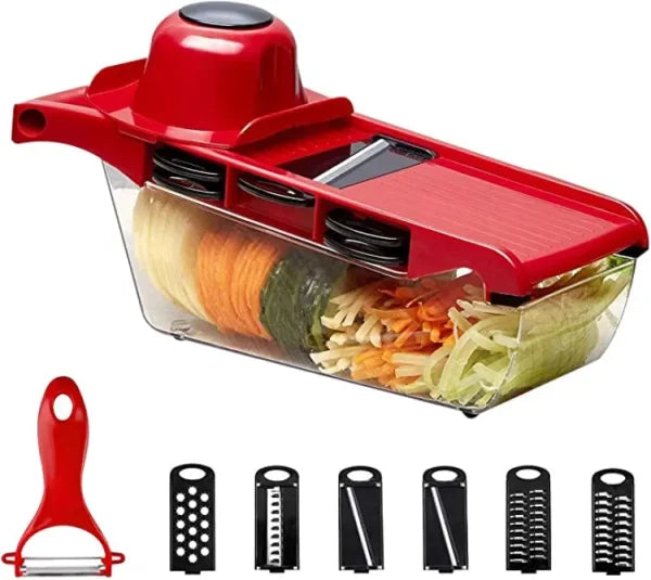 Premium 10-in-1 Mandolin Vegetable Slicer & Cutter – Stainless Steel Blades, Multi-Function Food Chopper, Potato Peeler, Cheese & Carrot Grater, Kitchen Tool – Red