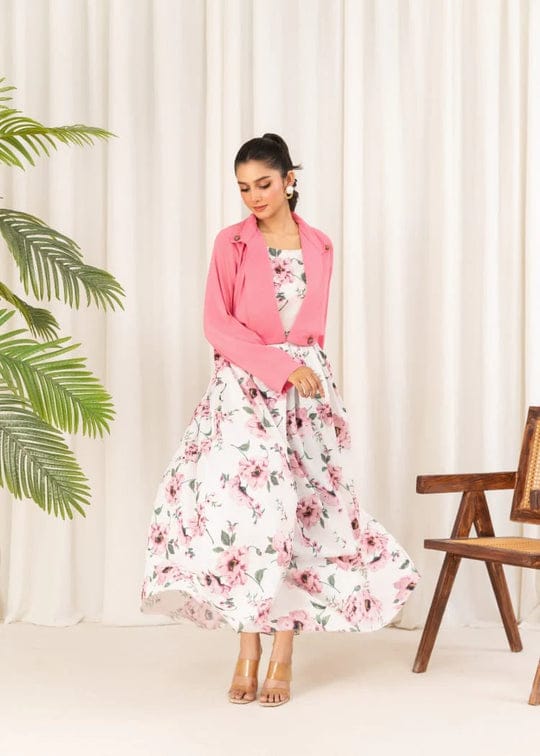 2 Pcs Stylish Floral Print Maxi Dress with Pink Jacket – Women’s Western Wear Cotton Maxi Outfit