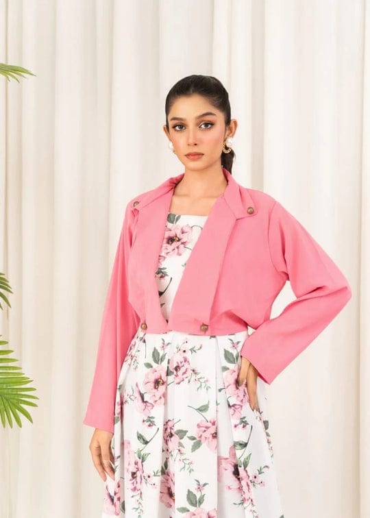 2 Pcs Stylish Floral Print Maxi Dress with Pink Jacket – Women’s Western Wear Cotton Maxi Outfit