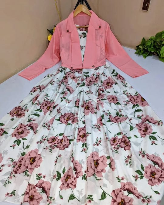 2 Pcs Stylish Floral Print Maxi Dress with Pink Jacket – Women’s Western Wear Cotton Maxi Outfit